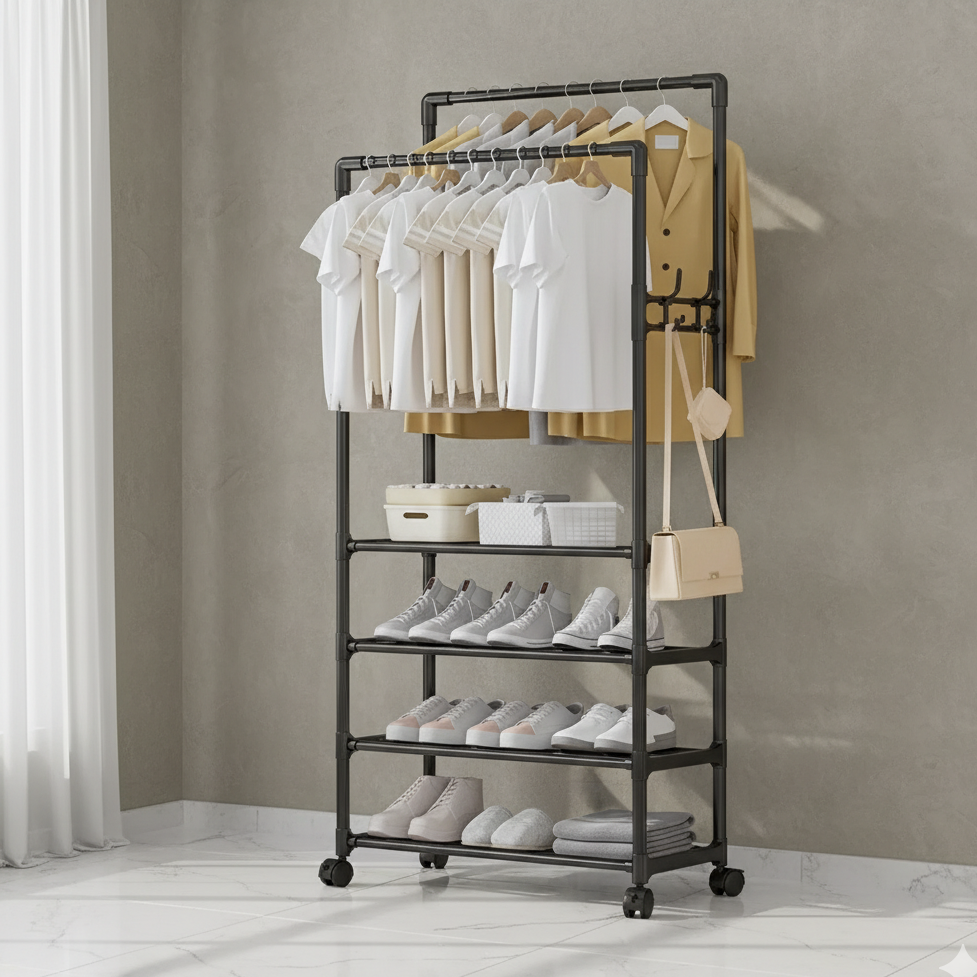 Perchero Organizador con Ruedas de Doble Varilla Multiusos